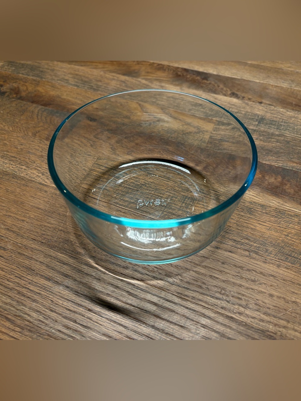 Vintage Pyrex Clear Glass Serving Bowl with Teal Rim